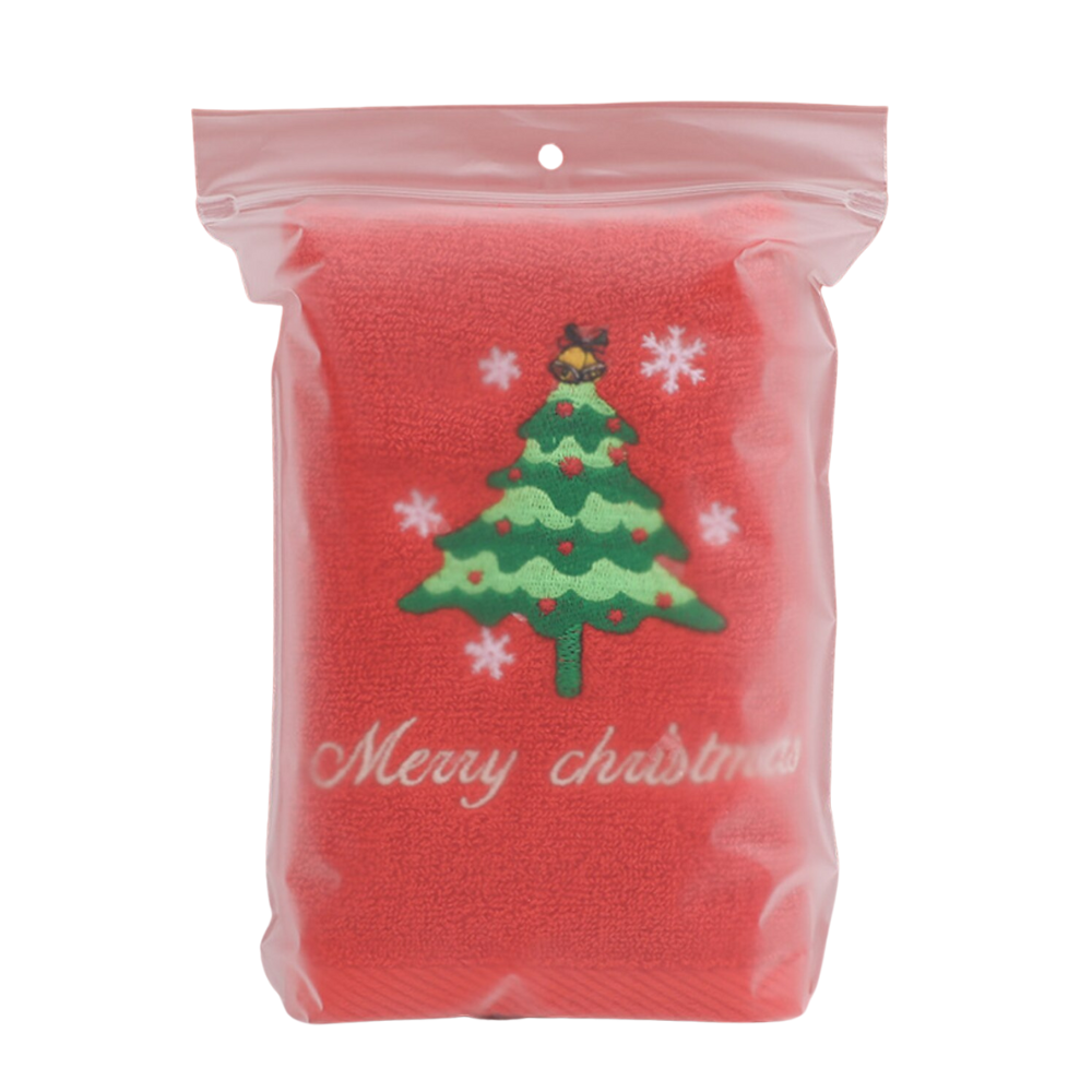 Red Christmas Baby Towel With Embroidered Christmas Tree Design Packed In A Zip Lock Plastic Bag In A White Background