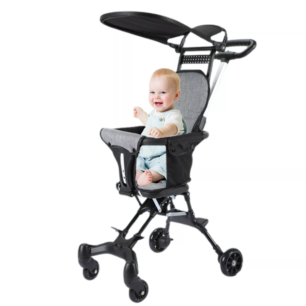 Black Foldable Baby Stroller with 360° Universal Wheel With A Baby In the Stroller In A White Background