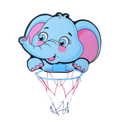 Cartoon elephant design child's basketball hoop with a blue rim and red net.