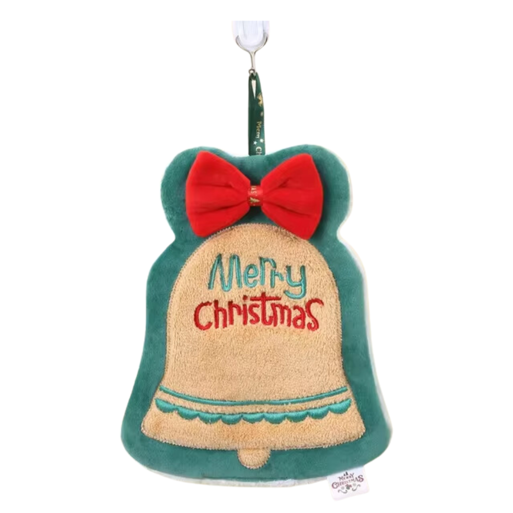 Brown Bell With Red Bow And Embroidered Merry Christmas Text And Green Outline Design Christmas Hanging Towel In A White Background