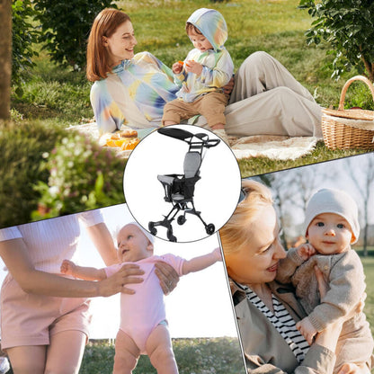 Collage Photo Of Three Mom and Baby Picture With Photo Of Black Foldable Baby Stroller with 360° Universal Wheel In A White Background In The Center