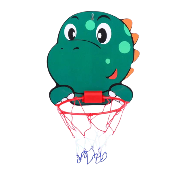 A cartoon dinosaur-shaped basketball hoop with a red rim and net.