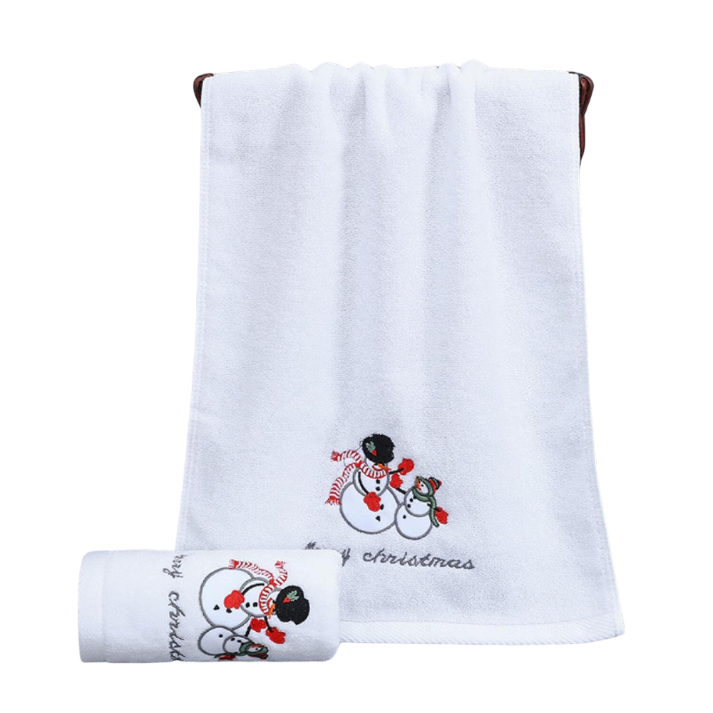  White Christmas Baby Towel With Embroidered Snowman Design In A White Background