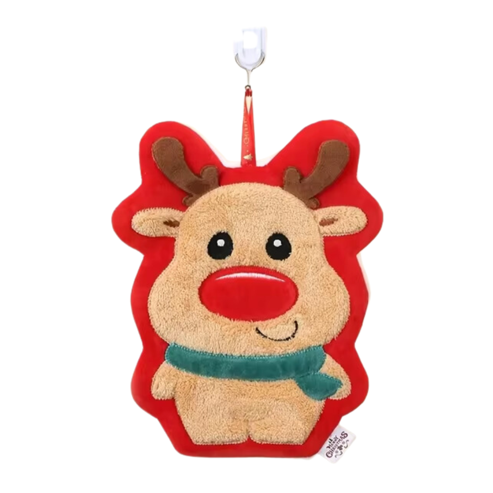 Brown Elk With Green Scarf And Red Outline Design Christmas Hanging Towel In A White Background