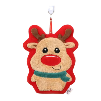 Brown Elk With Green Scarf And Red Outline Design Christmas Hanging Towel In A White Background