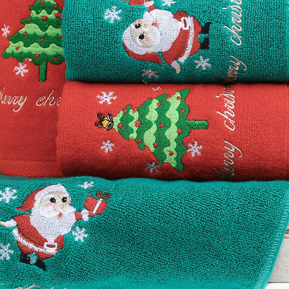 Red And Green Folded Christmas Baby Towel With Embroidered Santa And Christmas Tree Design