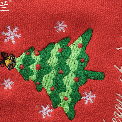 Close-up Of Red Christmas Baby Towel With Embroidered Christmas Tree Design