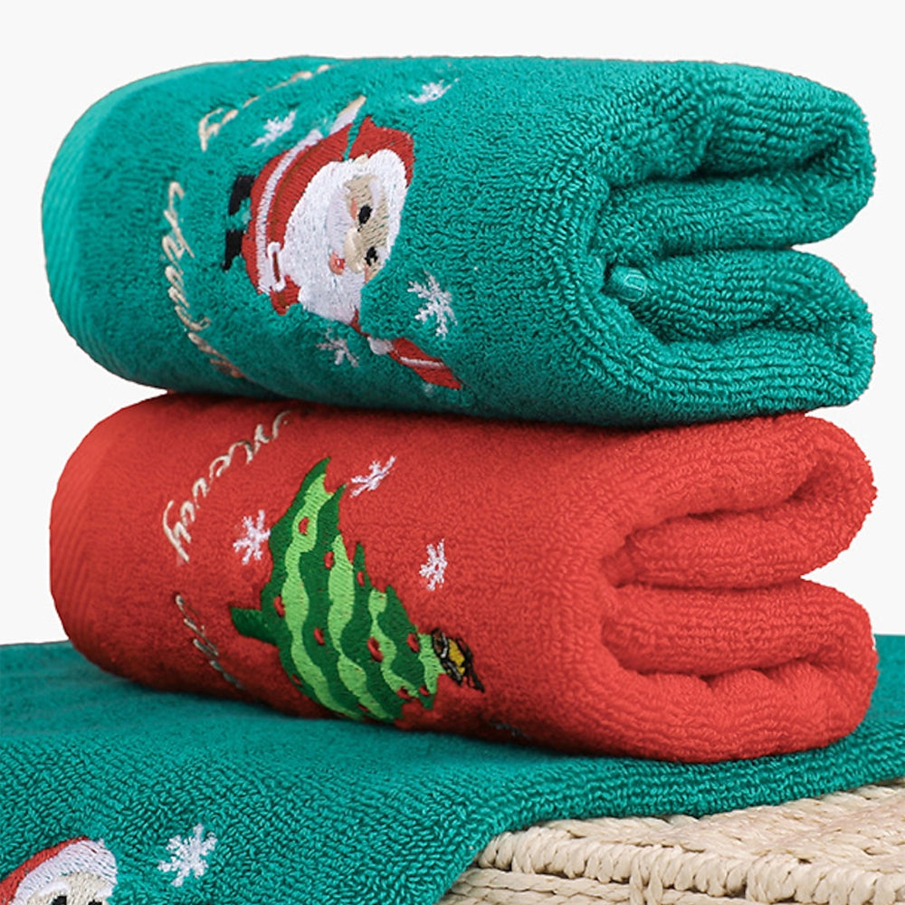 Red And Green Folded Christmas Baby Towel With Embroidered Santa And Christmas Tree Design