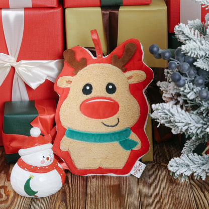 Brown Elk With Green Scarf And Red Outline Design Christmas Hanging Towel In A Christmassy Background