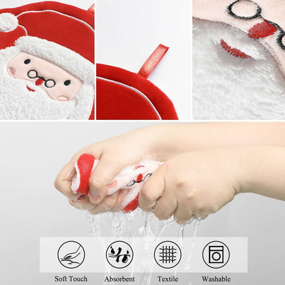 Collage Of Close-up Photo Of Santa Clause Design Christmas Hanging Towel With Icons And Text that Reads "Soft touch", "Absorbent", "Textile", "Washable"