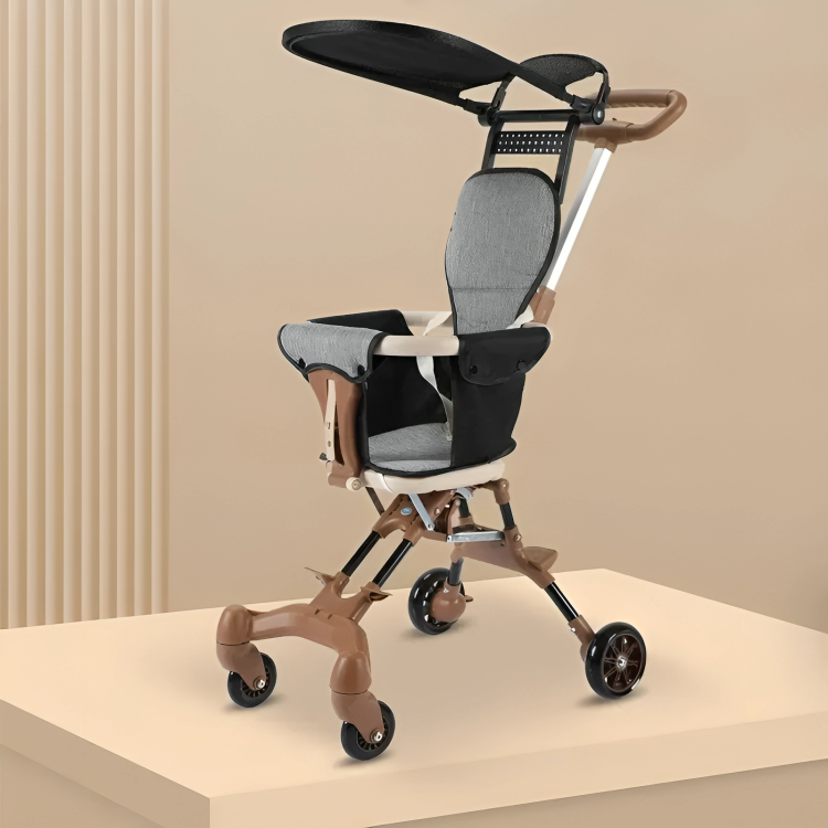 Khaki Foldable Baby Stroller with 360° Universal Wheel In A Brown Background