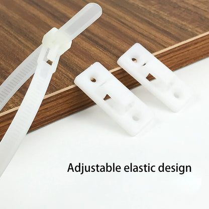 A set of Anti-Tip Furniture Anchors straps Laid In a wooden board with a text highlighting its features