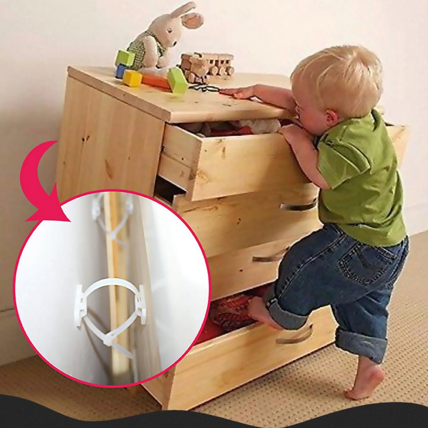 A Baby climbing a wooden cabinet that is almost falling and a small circle image highlighting the Anti-Tip Furniture Anchors straps attached behind the cabinet