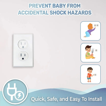 Outlet cover Image showing cartoon children playing with electrical plug and electrical hazards with text: Prevent baby from accidental shock hazards. Quick, safe, and easy to install.