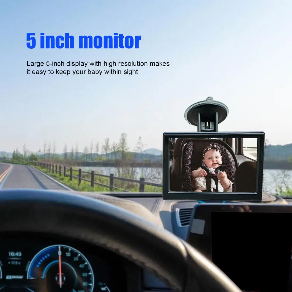 A Car Seat Baby Monitor Attached In Front Car Window Featuring 5-inch monitor text