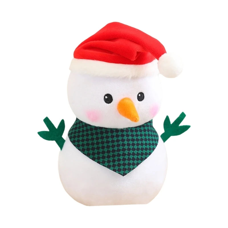 Snowman with Red Hat And Green Scarf Plush Stuffed Toy In A White Background