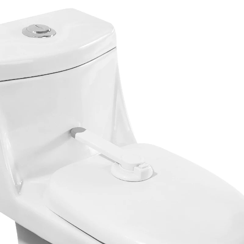 White Toilet Bowl With Attached Child Safety Toilet Lock White in a white background