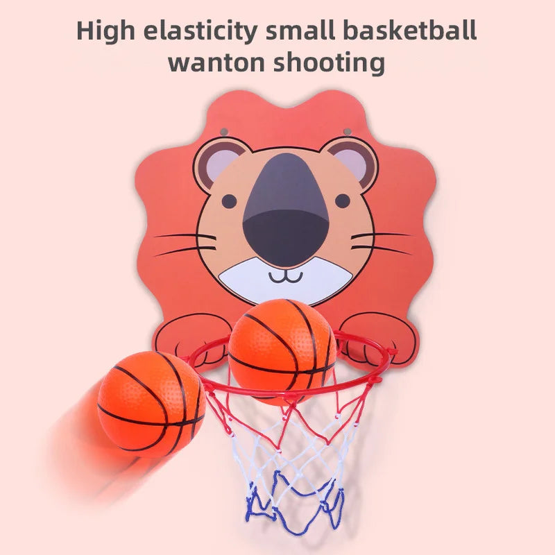 Children's basketball hoop with a lion design and small basketballs.