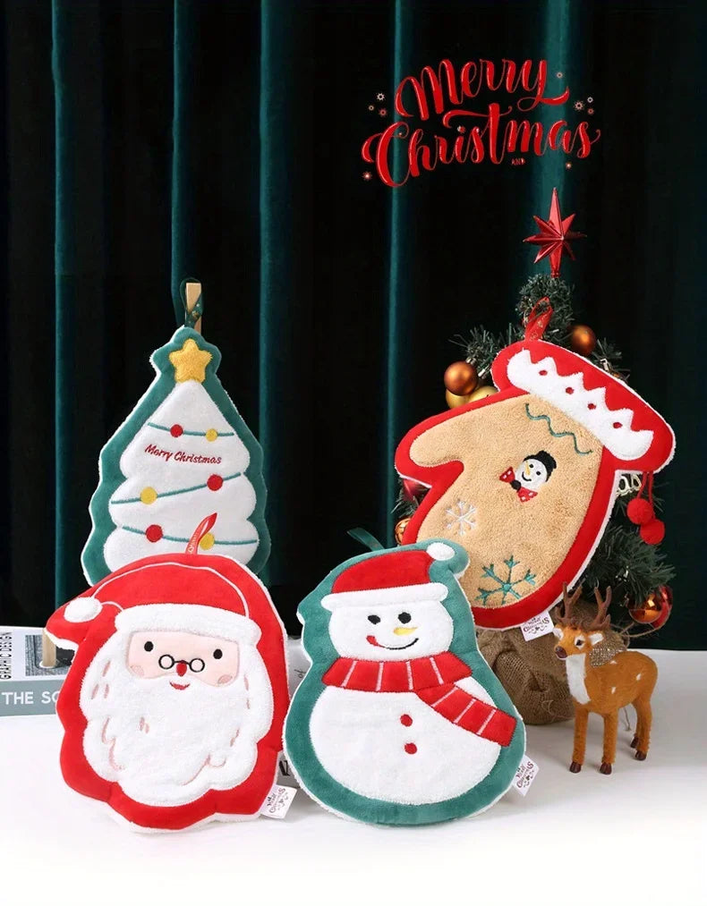 Four Christmas Themed Hanging Towel In A Green Curtain Background And Christmas Props And Text "Merry Christmas"