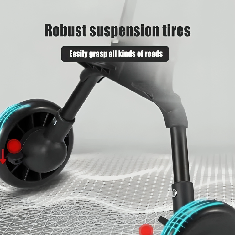 Closeup Photo Of Stroller Wheels With Text "Robust suspension tires", "Easily grasp all kinds of roads"