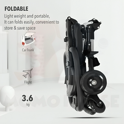 Black Folded Baby Stroller Text Explaining foldable Feature