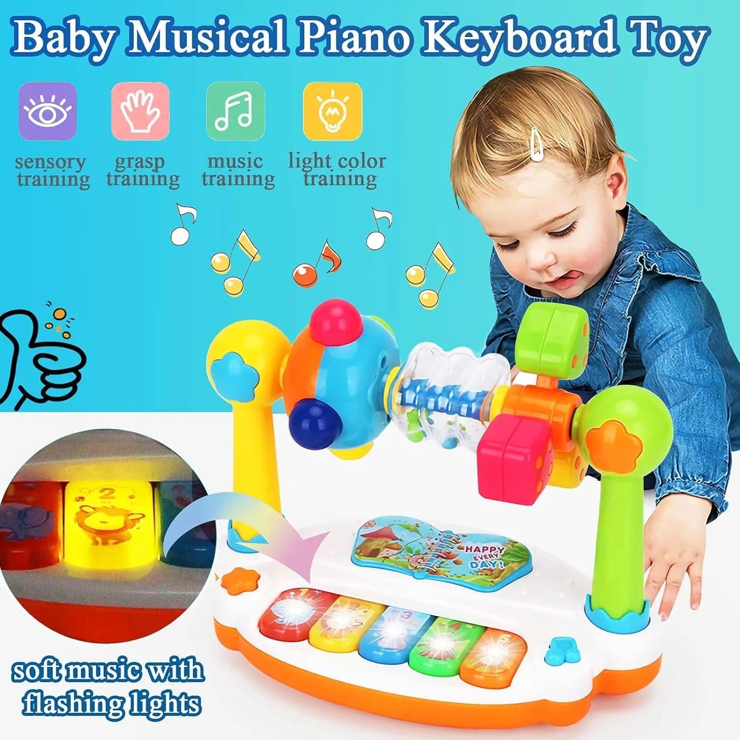 Colorful baby musical piano keyboard toy with lights and icons for sensory and music training.