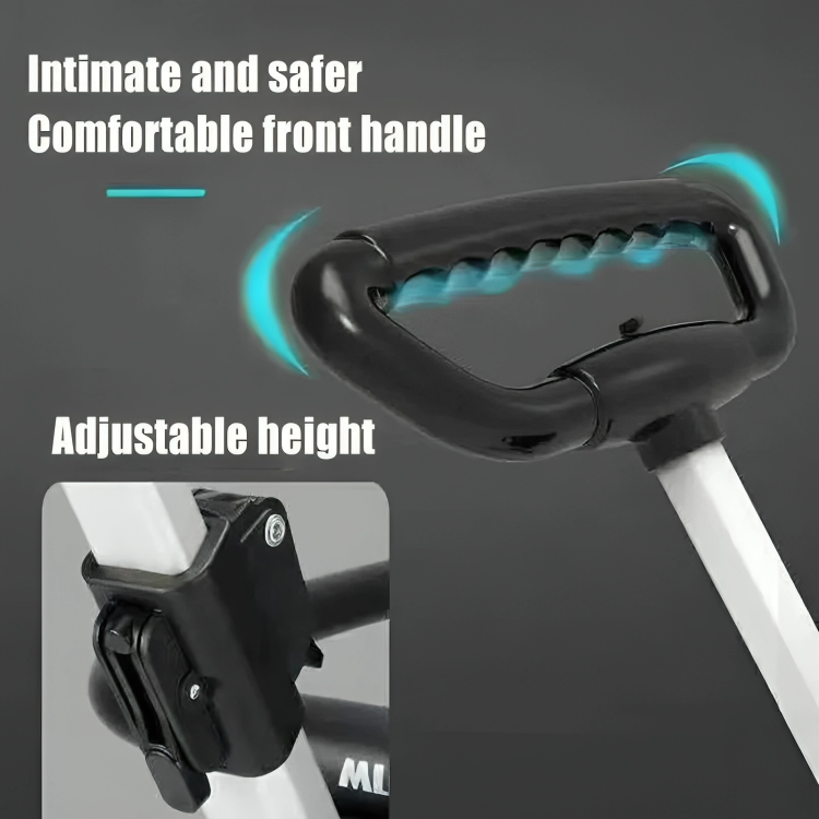 Closeup Photo Of Stroller Handlebar with Text "Intimate and safer ", "Comfortable front handle", and "Adjustable height"