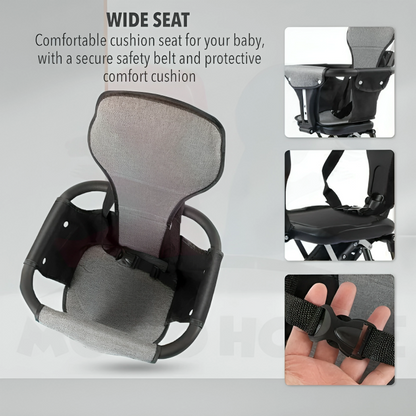 A Collage Photo Of Baby stroller Seat Parts With Text Explaining wide Seat Feature