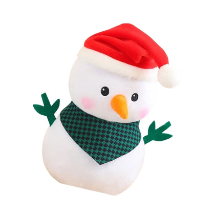 Snowman with Red Hat And Green Scarf Plush Stuffed Toy In A White Background