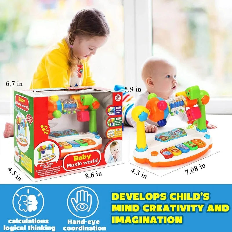 Children's activity toy setup and packaging with dimensions, promoting development of creativity and imagination.