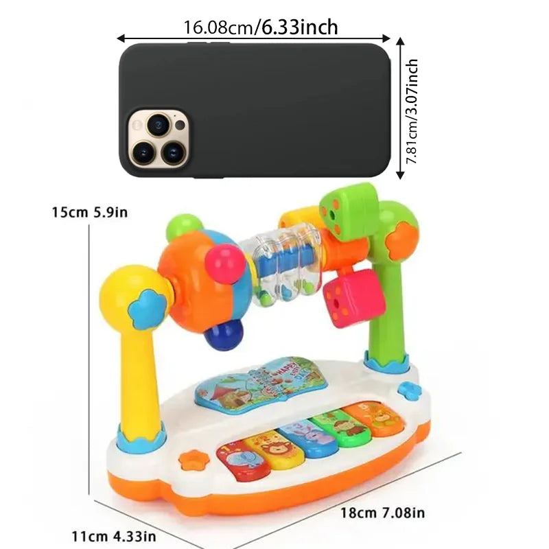 Colorful baby activity toy with measurements displayed adjacent to a smartphone for size comparison.