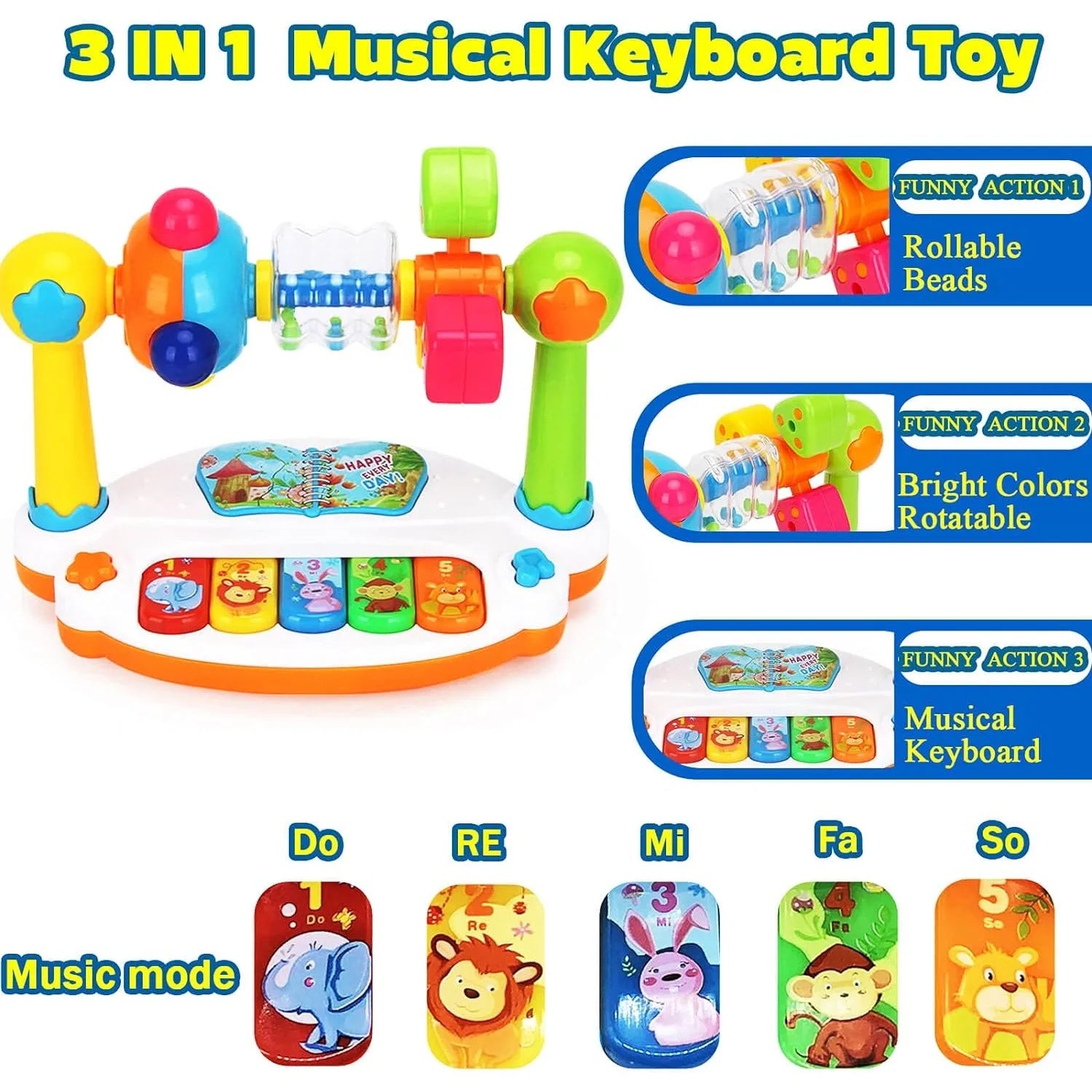 Colorful children's 3-in-1 musical keyboard toy with rollable beads and animal buttons.