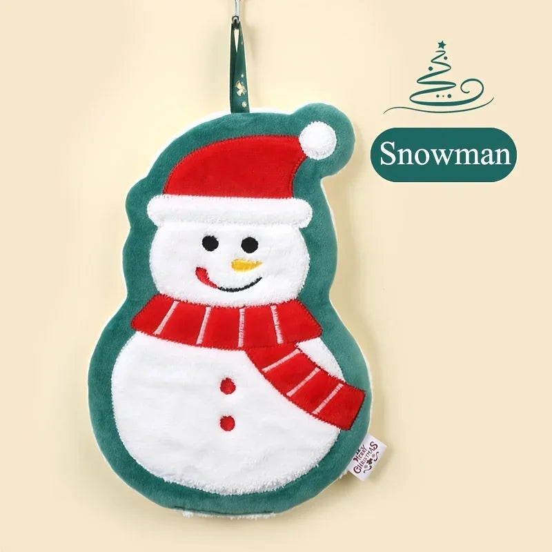 Snowman With Red Scarf And Hat And Green Outline Design Christmas Hanging Towel With Text "Snowman"  In A Nude Color Background