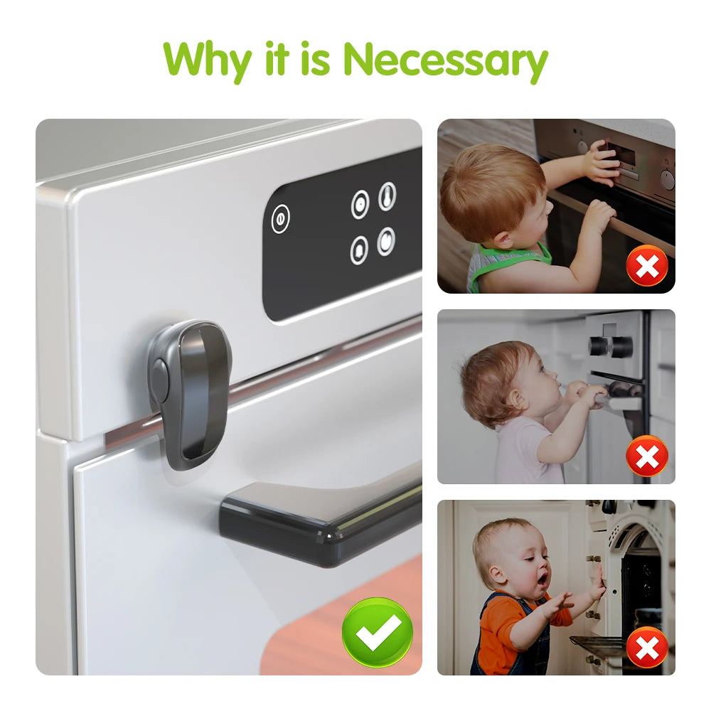 A collage of pictures showing a baby trying to open an oven and A white oven featuring a and a Black Oven Door Lock