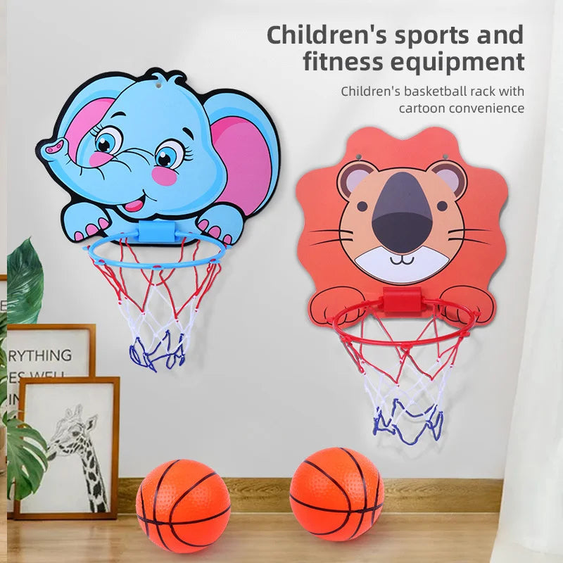 Children's basketball hoops with elephant and lion cartoons on a wall above two basketballs.