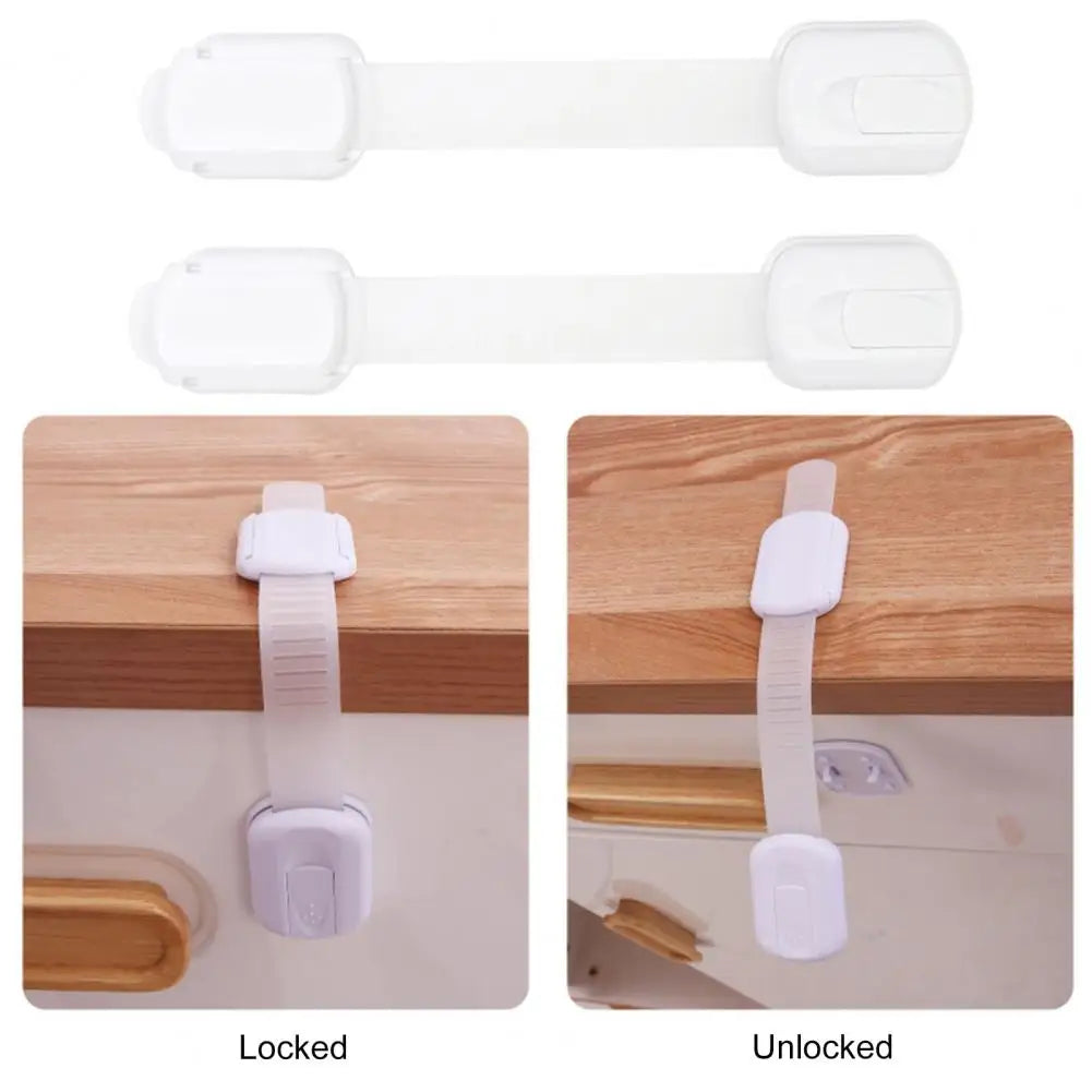 Child safety lock in locked and unlocked positions on a cabinet drawer.