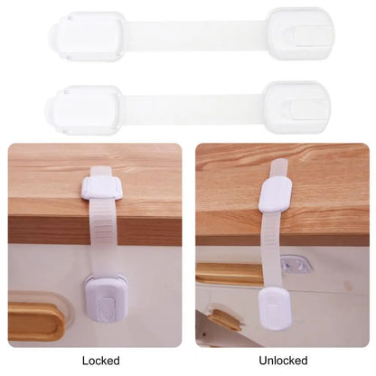 Child safety lock in locked and unlocked positions on a cabinet drawer.