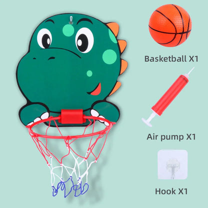 Children's basketball hoop with dinosaur design, including a ball, air pump, and hook.