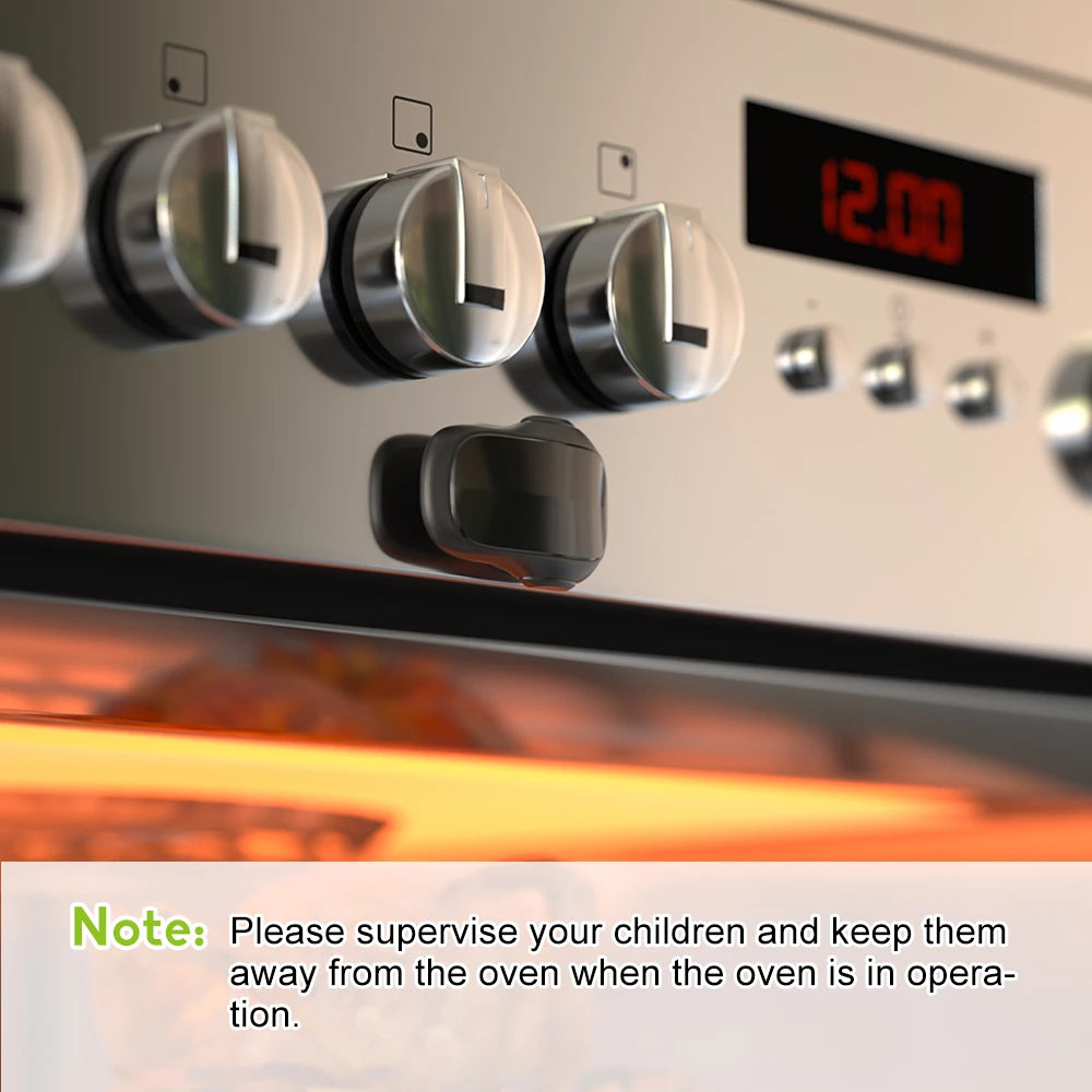 An oven with an attacked door lock displaying a warning sign advising supervision of children and to keep them away when in use.