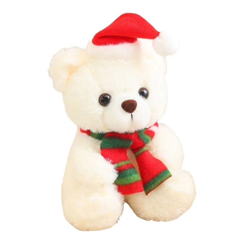 White Bear With Red And Green Striped Scarf And Red Christmas Hat Plush Stuffed Toy In A White Background