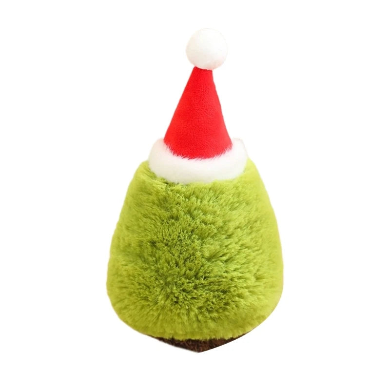 Christmas Tree With Red Christmas Hat Plush Stuffed Toy In A White Background