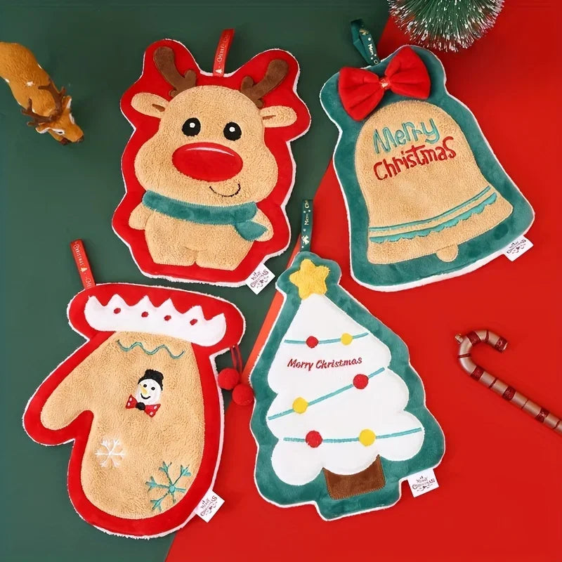 Four Christmas Themed Hanging Towel In A Green And Red Background