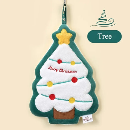 White Christmas Tree With Green Outline Design Christmas Hanging Towel With Text "Tree" In A Nude Color Background