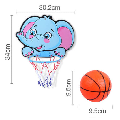 Illustration of a cartoon elephant basketball hoop with dimensions and a small basketball.