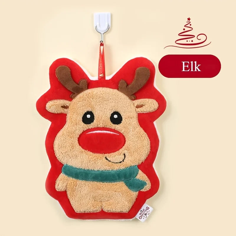 Brown Elk With Green Scarf And Red Outline Design Christmas Hanging Towel With Text "Elk"  In A Nude Color Background