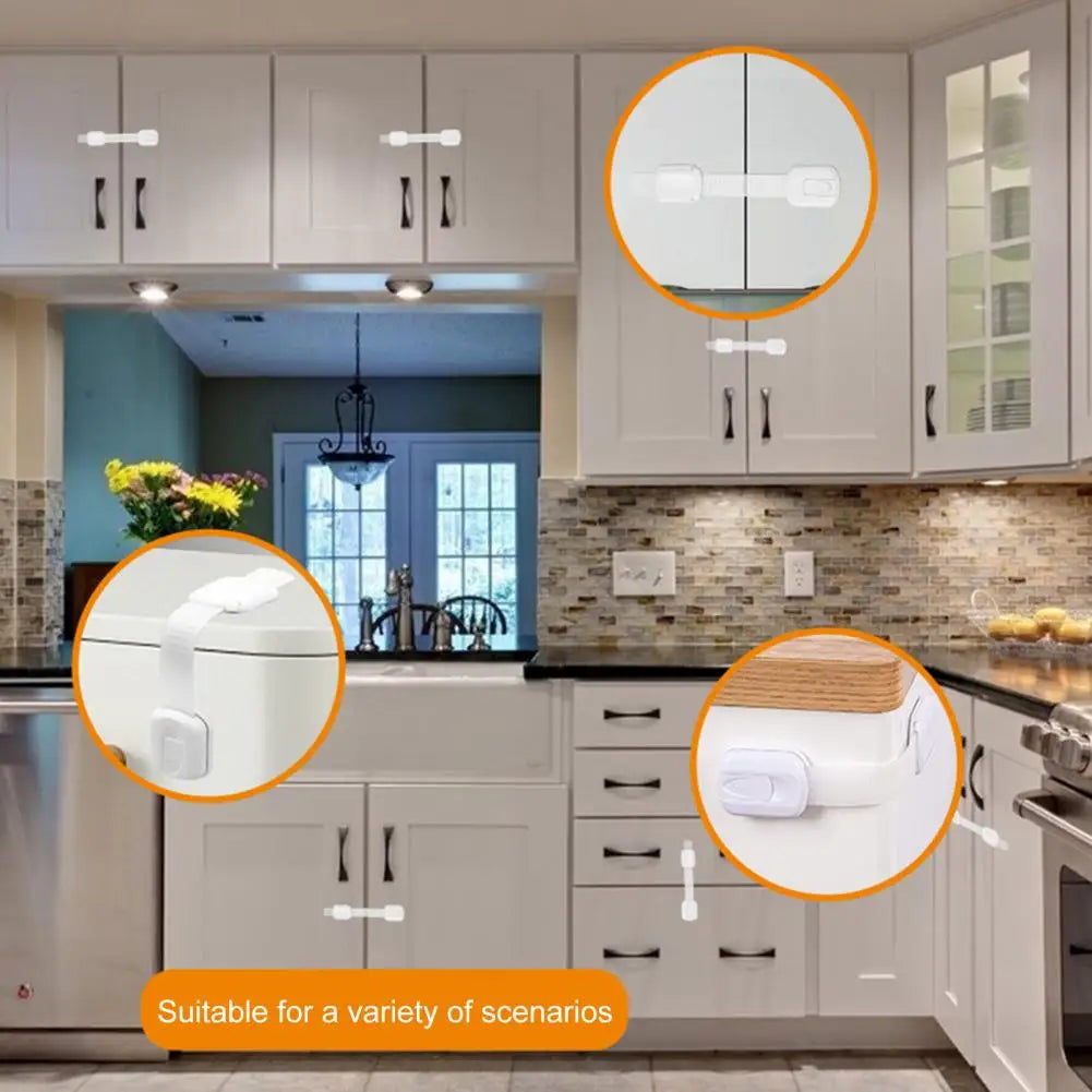 Modern kitchen featuring adhesive child-safety locks on cabinets, highlighted for their versatility.