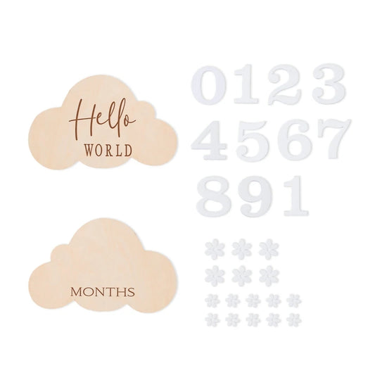 Cloud Shaped Baby wooden monthly milestone set in a white background