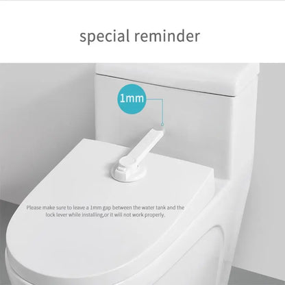 A White Toilet Bowl With Installed Toilet Lock and a text instruction to leave a 1mm gap between the water tank and the lever while installing