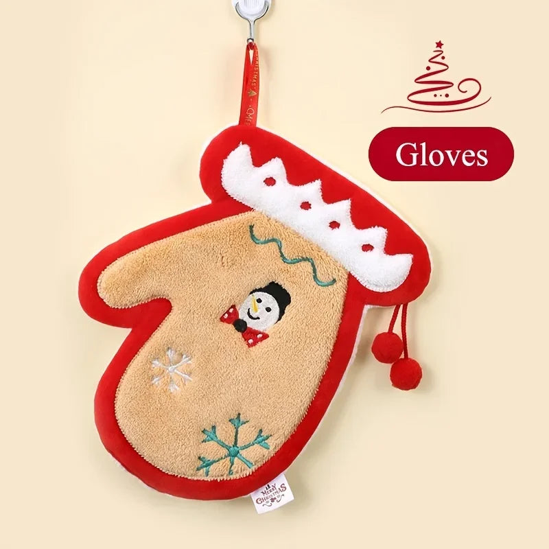  Brown Christmas Gloves With Red Outline Design Christmas Hanging Towel With Text "Gloves" In A Nude Color Background