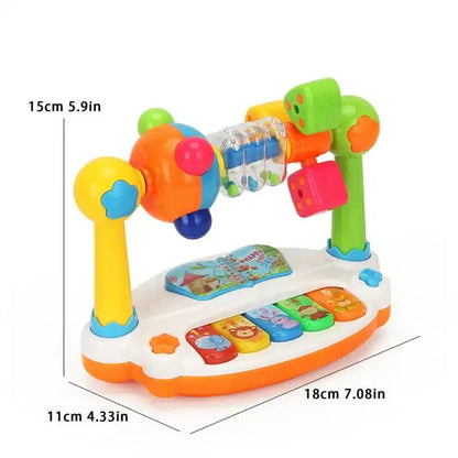 Colorful baby musical toy with dimensions labeled on a white background.